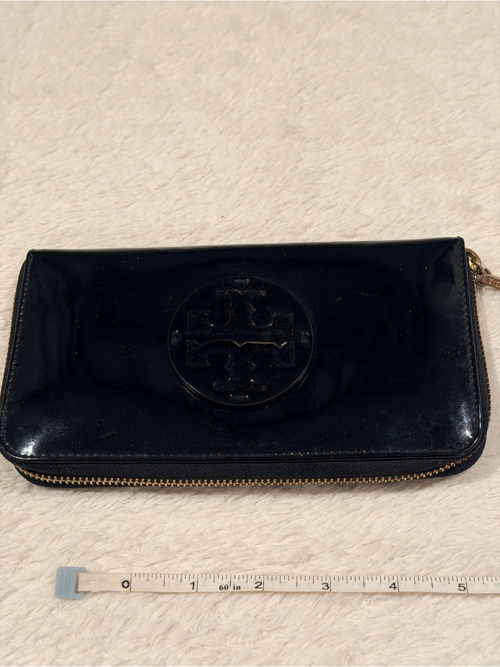 Tory Burch black patent leather ziparound continental wallet clutch